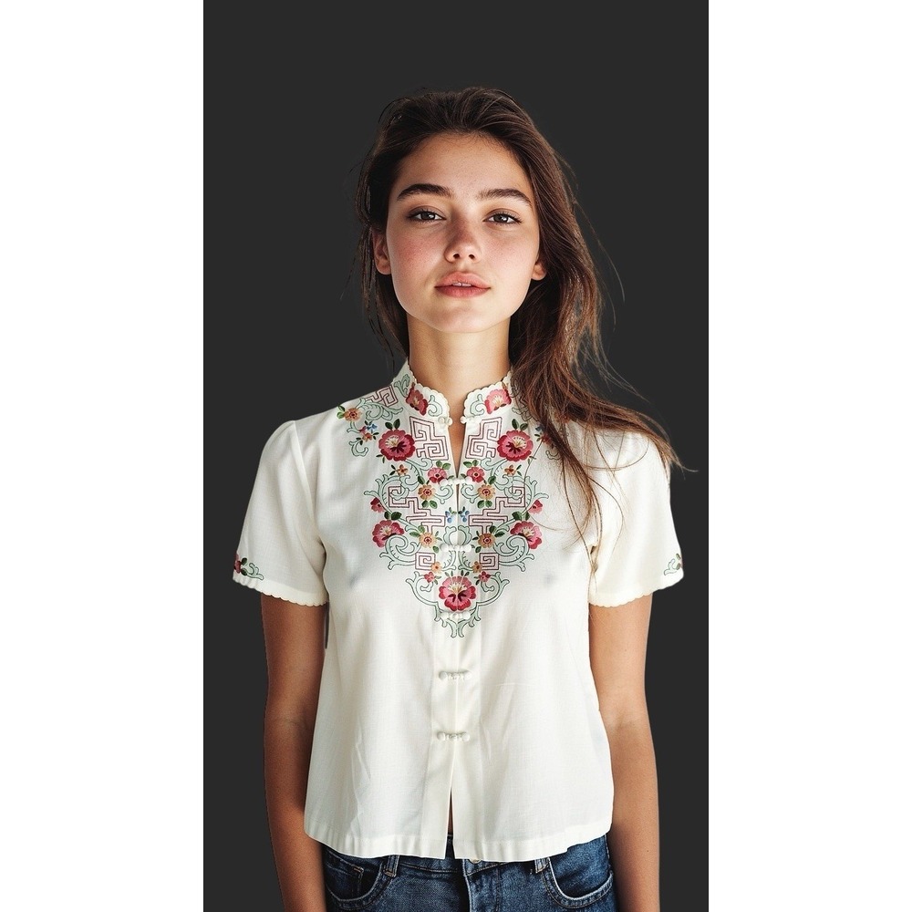 Vtg Womens Chinese Shanghai Friendship Floral Embroidered  Top Ivory Blouse 38
